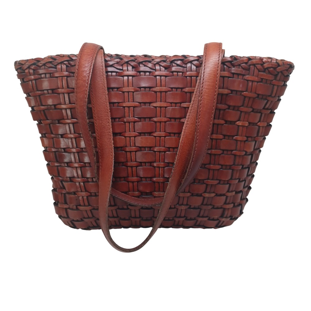 Valerie Stevens Woven Leather Tote Bag Cognac Brown Basketweave Shoulder Bag